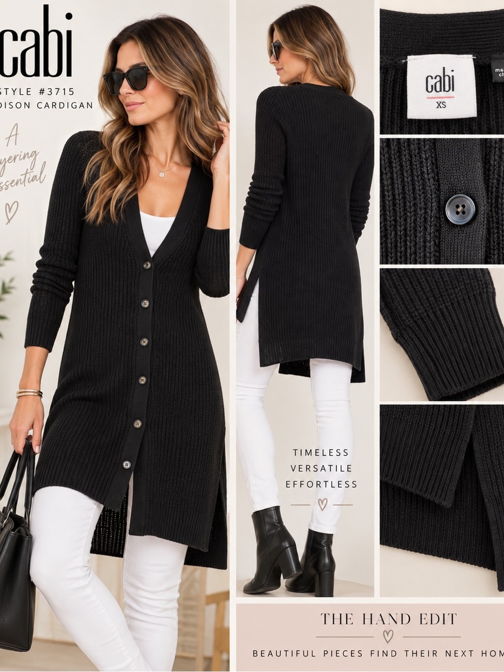 CAbi Madison Cardigan Black Longline Ribbed Cotton XS #3715